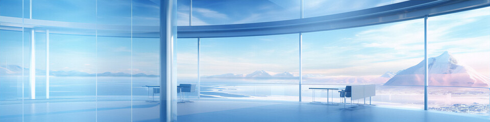 Futuristic interior with large windows and a view of the mountains in the distance.