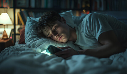 Young man lying in bed under warm blanket and surfing internet using modern smartphone in late night hours in a bedroom. Unhealthy devices usage, Digital hygiene, insomnia concept image. - obrazy, fototapety, plakaty
