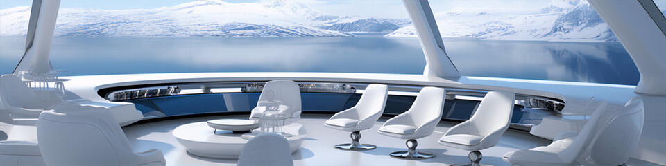 Futuristic interior of a spaceship with a large window looking out onto an icy landscape.