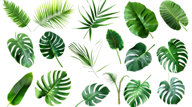 Tropical palm leaves (Monstera) are set on an isolated, transparent white background. Watercolor, hand-painted, summer clipart