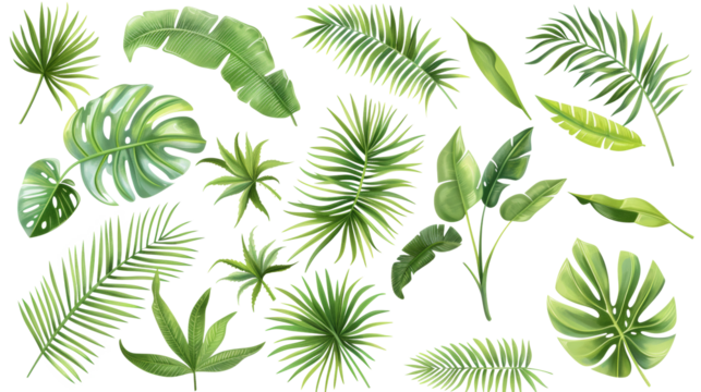 Tropical palm leaves (Monstera) are set on an isolated, transparent white background. Watercolor, hand-painted, summer clipart