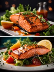 Fresh salmon fillet steak with veggies, cinematic food photography, cuisine