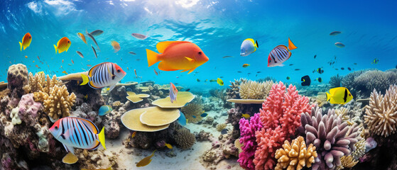 Fototapeta na wymiar Vibrant tropical fish gracefully swim in a coral reef, creating a beautiful array of colors.