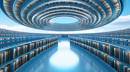 Futuristic library interior with blue shelves and bookshelves in 3D rendering.