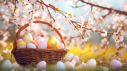 Jasne tło na życzenia Wielkanocne. Alleluja - Wesołych świąt Wielkiej Nocy. Jajka, kwiaty i inne wiosenne dekoracje.