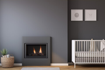 3d rendering of a modern nursery with a fireplace, crib and frames on the wall in a minimalist style with neutral colors - obrazy, fototapety, plakaty