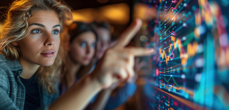 Group of stock analysts at work. Virtual chart. Data analysis concept