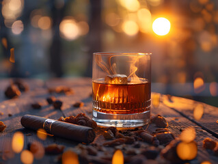 A glass of whiskey with ice sits next to a smoking cigar. 