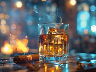 Fotobehang A glass of whiskey with ice sits next to a smoking cigar.  © wing