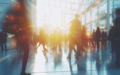 a group of people walking in a building