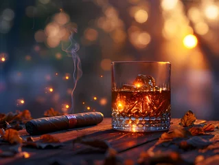 Foto auf Acrylglas A glass of whiskey with ice sits next to a smoking cigar.  © wing