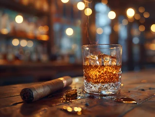 Fotobehang A glass of whiskey with ice sits next to a smoking cigar.  © wing