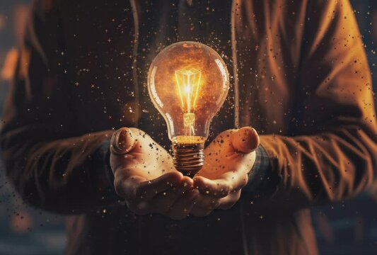 In a creative concept, the hand of a businessman cradles a glowing light bulb, emphasizing the power of ideas and innovation