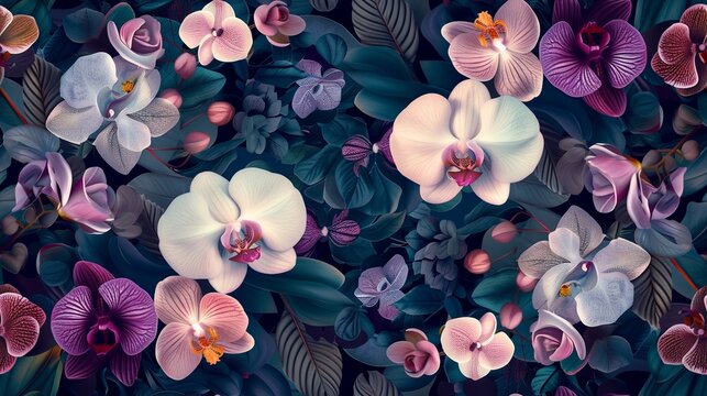 A stunning seamless pattern showcasing the exquisite beauty of orchid flowers, tailored specifically for paper wrap.