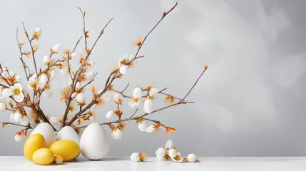 Foto op Aluminium Minimalistyczne jasne tło na życzenia Wielkanocne. Alleluja - Wesołych świąt Wielkiej Nocy. Jajka, kwiaty i inne wiosenne dekoracje. © yeseyes9