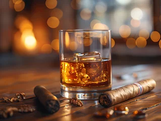 Tuinposter A glass of whiskey with ice sits next to a smoking cigar.  © wing