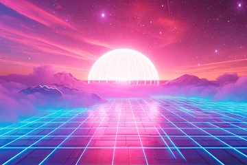 Kissenbezug a blue and pink futuristic background, in the style of neon grids, cosmic landscape © Kitta