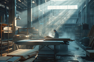 a wood worker cuts boards on a table saw in a large and dark abandoned factory - obrazy, fototapety, plakaty