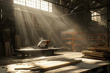 Foto op Plexiglas a wood worker cuts boards on a table saw in a large and dark abandoned factory © Kitta