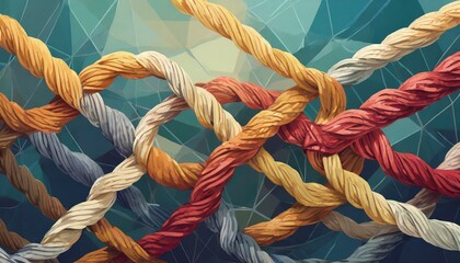 rope on a blue background, Team rope diverse strength connect partnership together teamwork unity communicate support. Strong diverse network rope team concept integrate braid color background coopera - obrazy, fototapety, plakaty