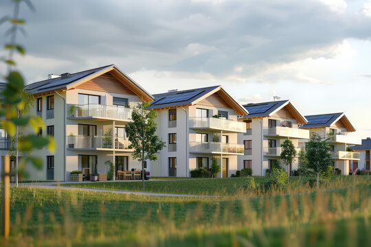 
architecture rendering, medium angle view, isolated european apartment buildings