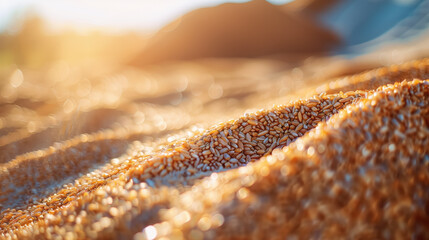 Close-up of textured sand dunes with the golden light of the setting sun casting a warm glow.
