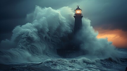 a lighthouse with a large wave crashing