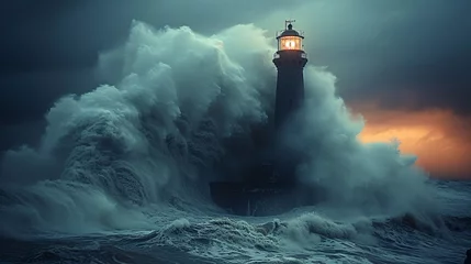 Fotobehang a lighthouse with a large wave crashing © VSTOCK