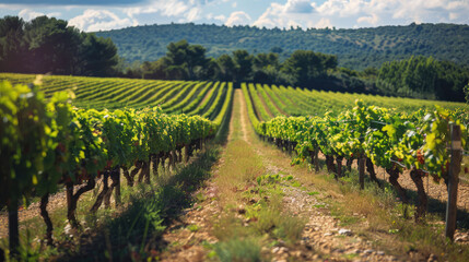 Fototapeta na wymiar Lush vineyard rows stretch towards the horizon under a sunny sky, showcasing the beauty of wine country.