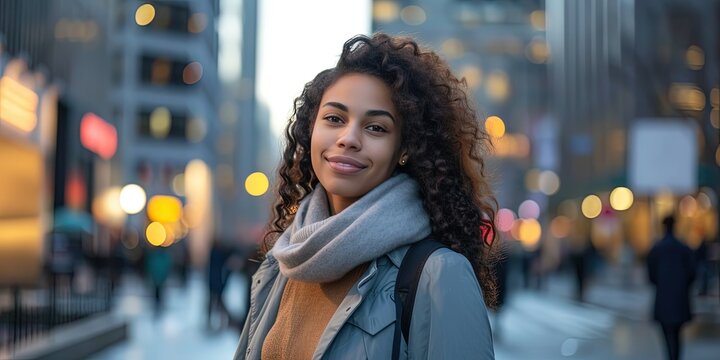Young beautiful girl on the background of a big city with thick dark curly hair, with a backpack, student, background, wallpaper.