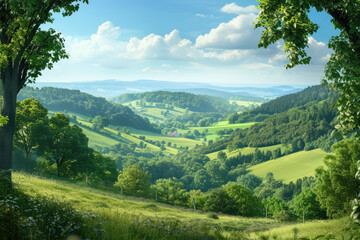 Obraz premium landscape scene of the Kraichgau region by day. The picture should show rolling hills surrounded by lush forests