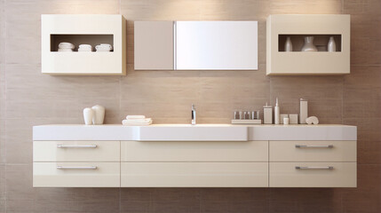 Fototapeta na wymiar Bathroom interior in beige tones, minimalist style, 3d render
