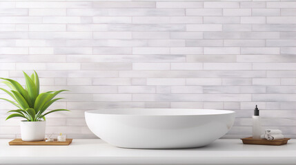 Bathroom interior design, featuring a ceramic sink, green plant, and toiletries on a white brick wall background in 3D illustration.