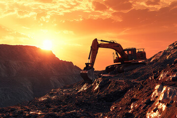 
Excavator in open pit mining Excavator on earthmoving on sunset Loader on excavation Earth Moving Heavy Equipment 