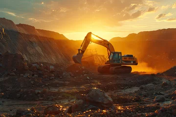 Foto op Canvas  Excavator in open pit mining Excavator on earthmoving on sunset Loader on excavation Earth Moving Heavy Equipment  © Kitta