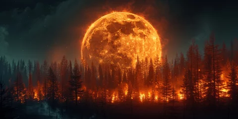 Foto op Canvas A full red moon rises in the mystical night sky, casting dramatic light on the burning forest. © Iryna