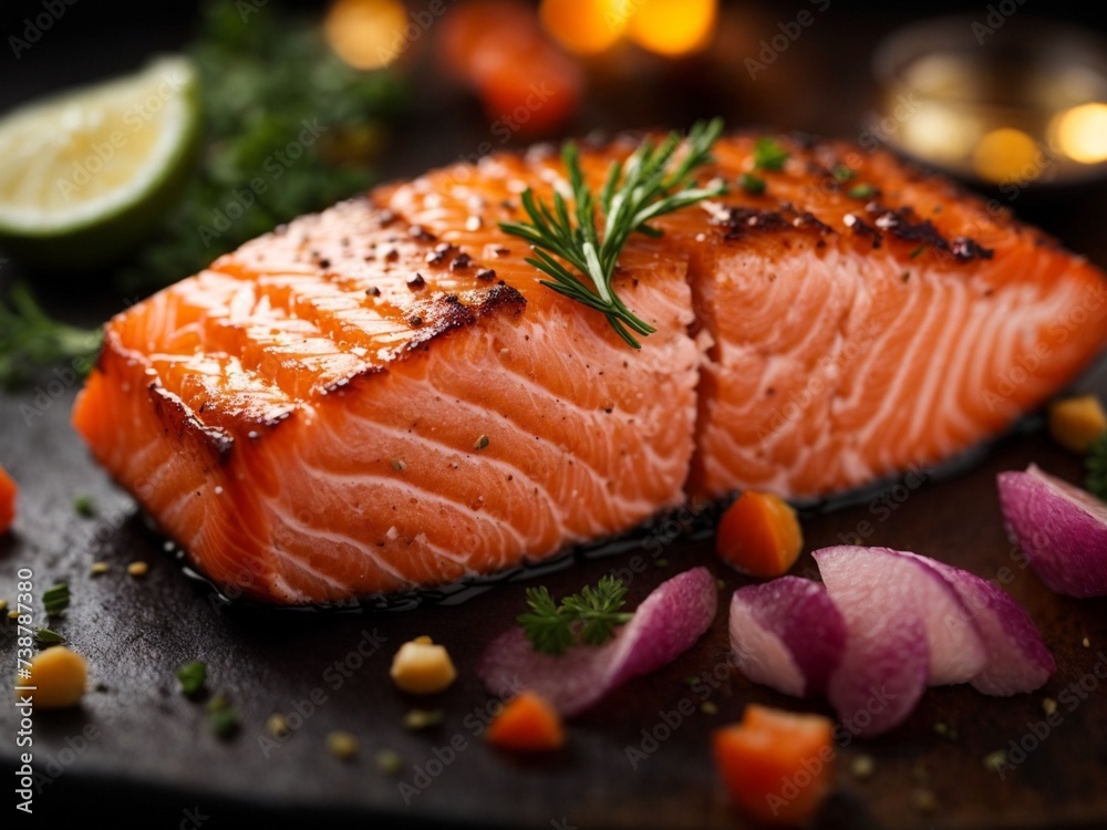 Wall mural fresh salmon fillet steak with veggies, cinematic food photography, cuisine - Wall murals