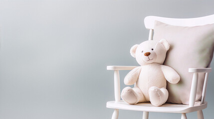 A cute teddy bear sitting in a white rocking chair against a pale blue background. - Powered by Adobe