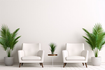 Two white armchairs in a white room with potted palm plants, white background, 3d render - obrazy, fototapety, plakaty