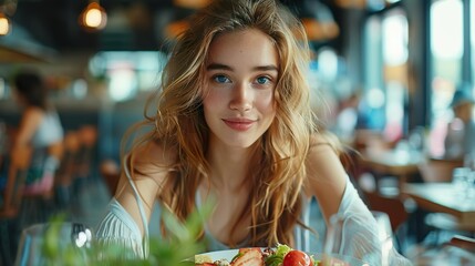 A young woman eats a vegetable salad in a restaurant.