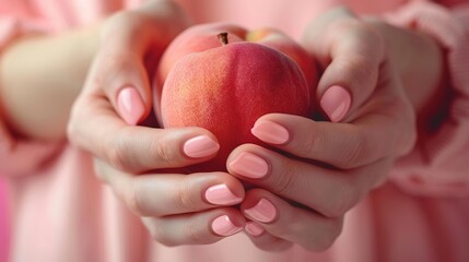 A woman with beautiful pink nail makeup holds peaches in her hands. - Powered by Adobe