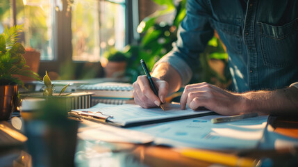 A person immersed in writing or drawing in a notebook at a sunlit desk with plants and creative materials.
