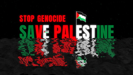 Stop Genocide Save Palestine Flag Text effect isolated on ocean wave and black stars burst particle background, 4k Save Palestine artwork illustration.