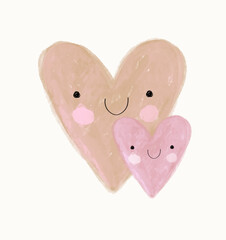 2 Cute Happy Hearts. Lovely Hand Drawn Vector Illustration with Happy Smiling Hearts on a White Background. Childish Drawing-like Nursery Art. Sweet Valentine Card. Kids' Room Decoration. RGB.No text.