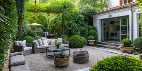 The quiet patio, surrounded by lush greenery, is ideal for outdoor relaxation.