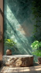 A tranquil indoor scene with a bench, potted plants, sun rays, and a textured blue wall, generative ai