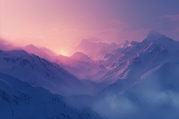 snow capped mountains, dusk, mist, sky, sunset feeling, ultra wide - obrazy, fototapety, plakaty