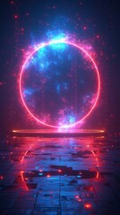 A vibrant circular portal with a cosmic motif emits pink and blue hues on a reflective floor, generative ai