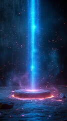 A dazzling blue energy beam emits from a circular platform amidst glowing embers and dark surroundings, generative ai