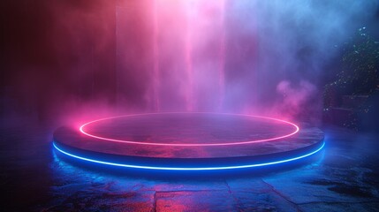 Fototapeta na wymiar A neon-lit circular platform glows with vivid blue and pink lights amidst atmospheric mist and darkness, generative ai